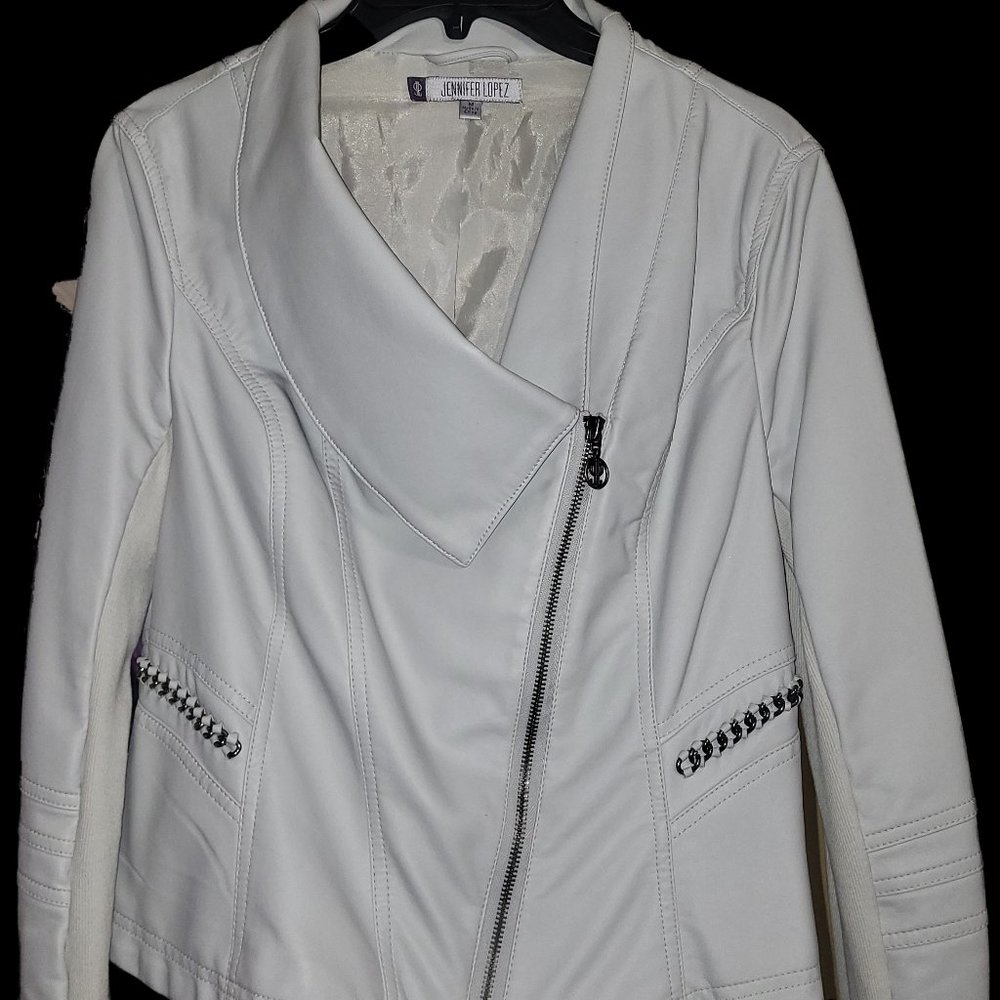 Light gray Jennifer Lopez pleather motorcycle jacket